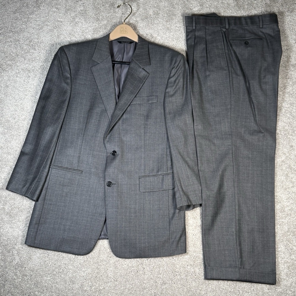 Jos A Bank‎ Signature Collection 2 Pc Suit 41R Light Gray Glen Check Plaid 35R